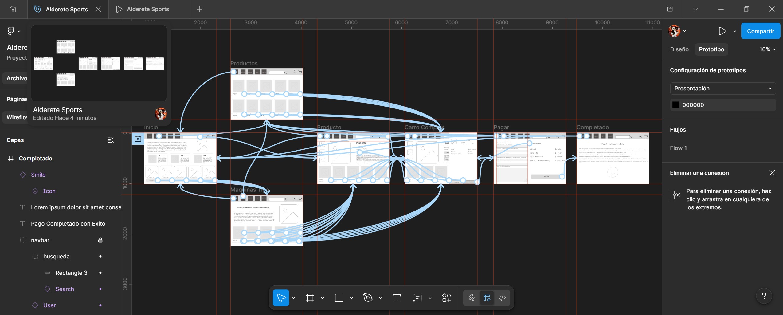 Vista previa del wireflow del proyecto Alderete Sports