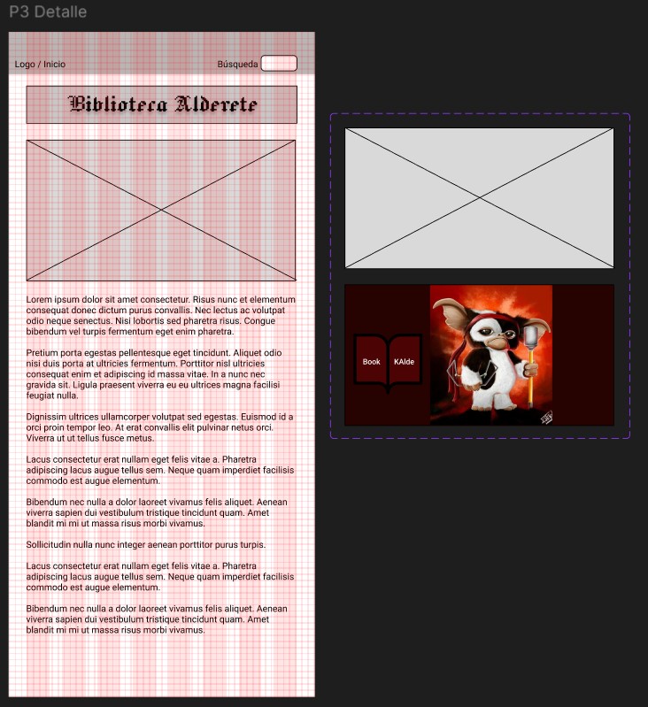 Pantalla de detalle con grillas y columnas en Biblioteca Alderete