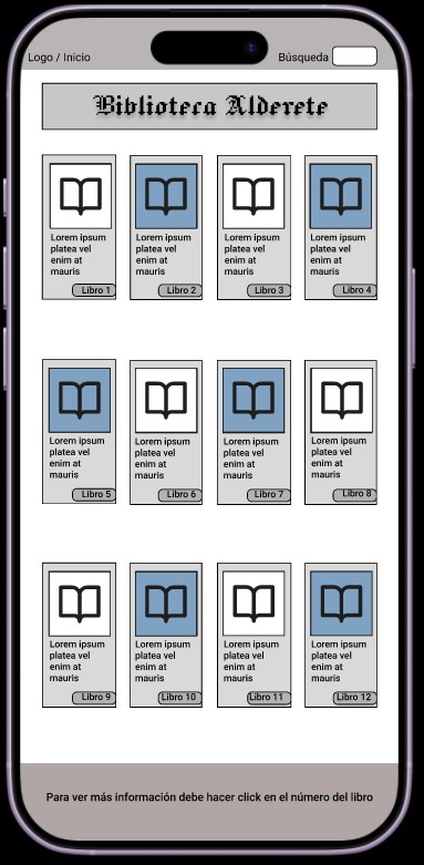 Pantalla home con efecto hover en Biblioteca Alderete