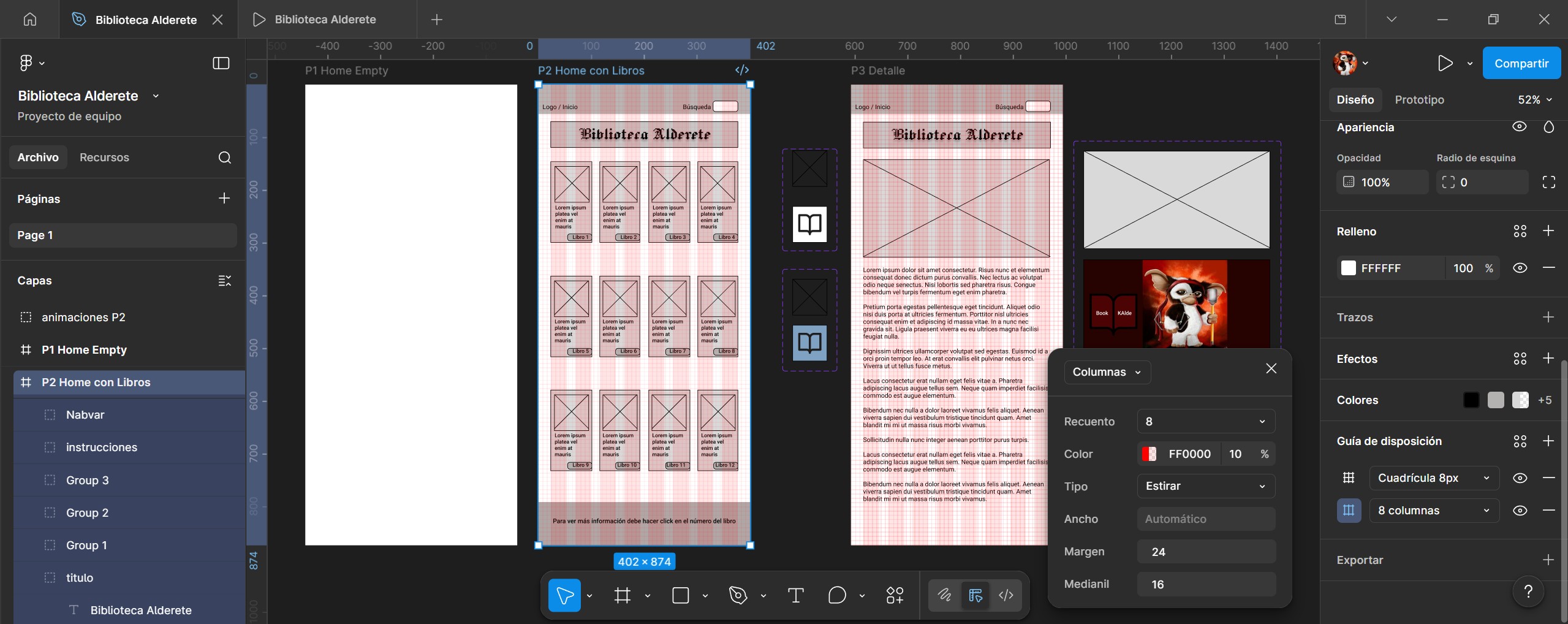 Vista general con grillas y columnas del prototipo Biblioteca Alderete