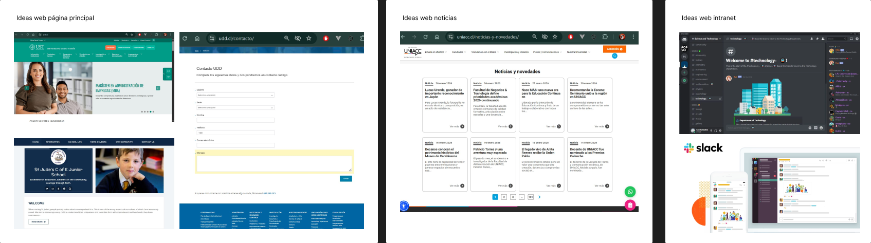 Moodboard del proyecto Centro de Estudios Alderete con referentes para landing, noticias e intranet